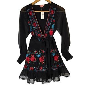 Anthropologie Small Not So Serious Embroidered Dress Floral Aztec Cottage Witchy